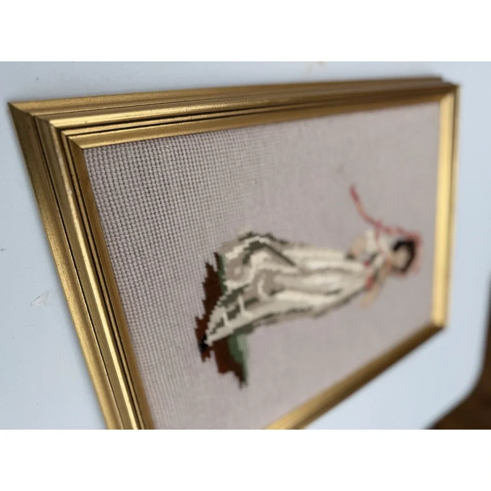 VTG‎ Needlepoint Framed Pink Girl 11